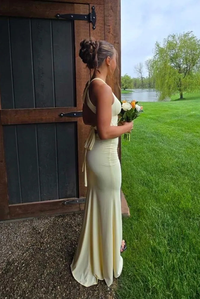 Elegant Yellow Satin Mermaid Halter Neck Sleeveless Corset Bodice Crisscross Back Back Tie Floor - Length Prom Dresses