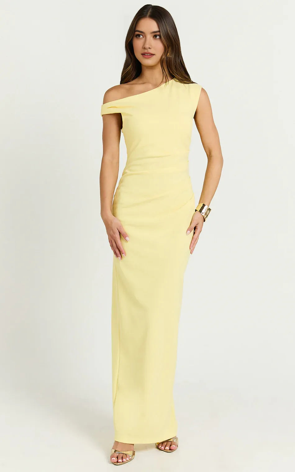 Elegant Yellow Sheath One the Shoulder Sleeveless Back Zip Ruched Ankle-Length Prom Dress