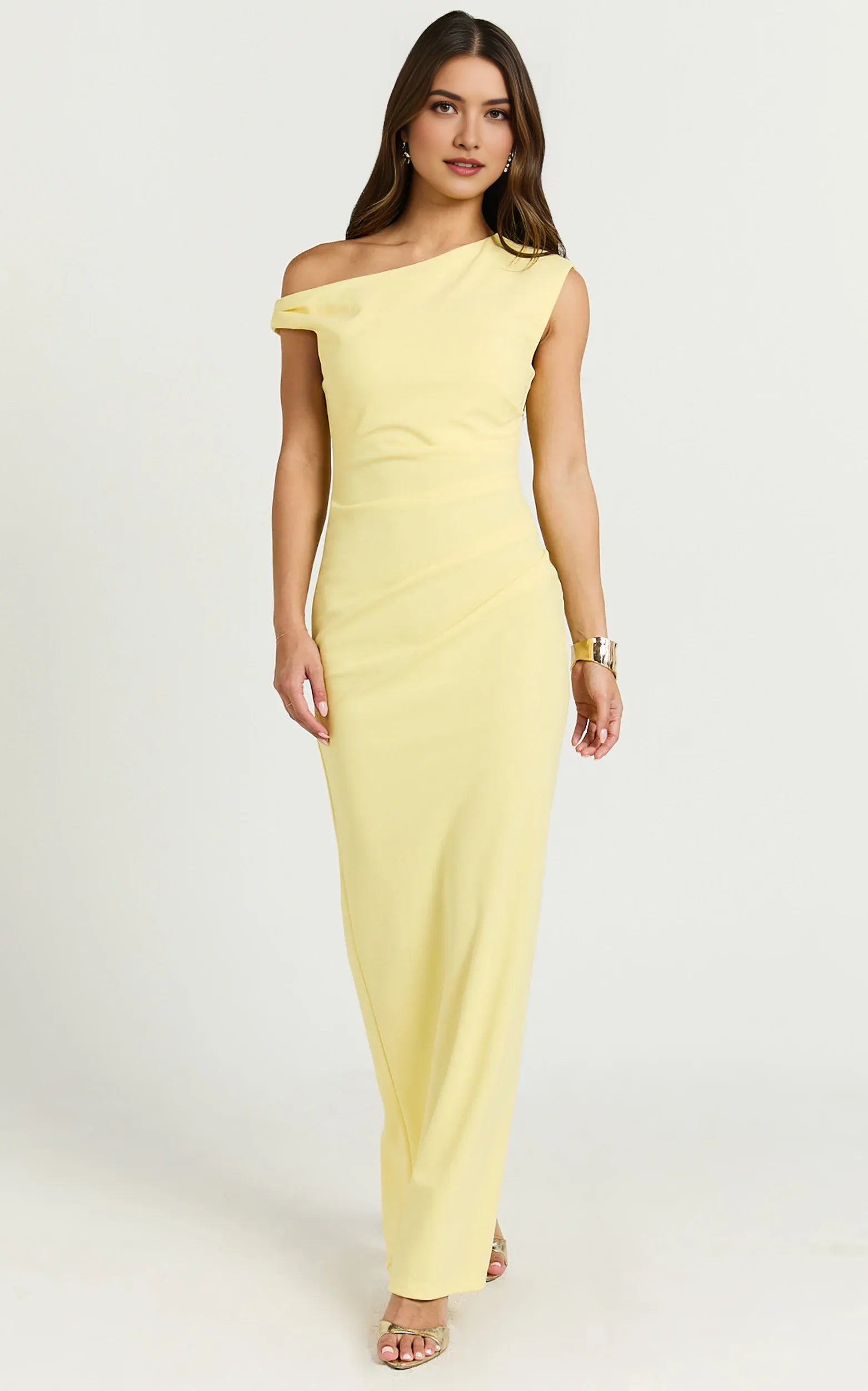 Elegant Yellow Sheath One the Shoulder Sleeveless Back Zip Ruched Ankle-Length Prom Dress