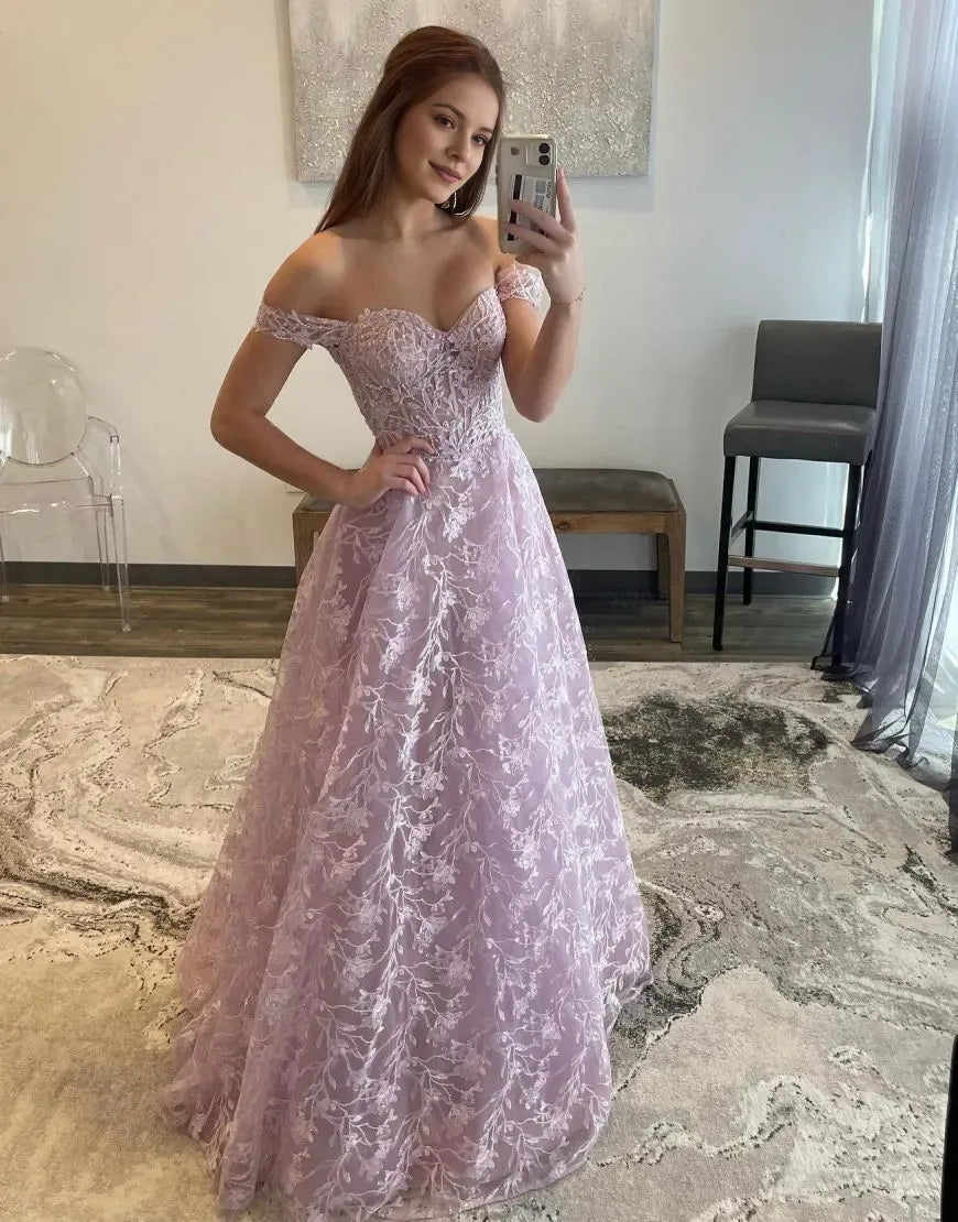 Elegant A-Line Off The Shoulder Sleeveless Lace Appliques Tulle Back Zip Floor-Length Prom Dress With Sequin