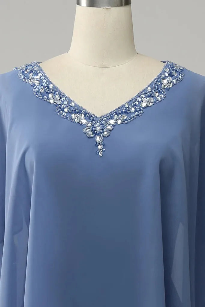 Elegant A-Line V-Neck Cape Sleeves Zip Back Floor-Length Mother Of The Bride Dresses