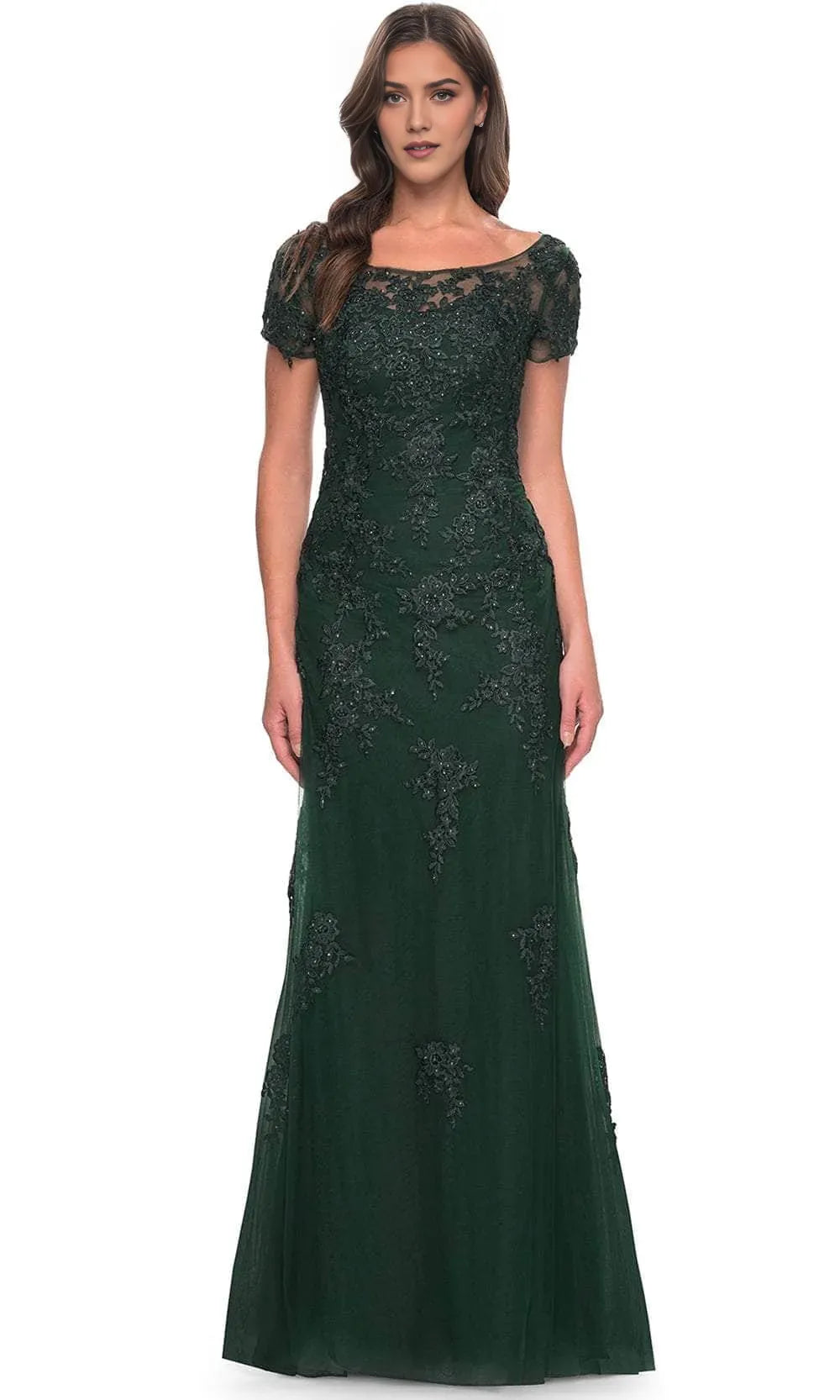 Elegant Sheath Scoop Neck Short Sleeve Lace-Embellished Tulle Floor-Length Mother of the Bride Dress for mother of the bride