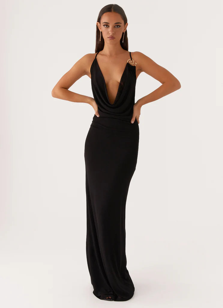 Black Mesh Cowl Neck Gold Detail Backless Maxi Dress For Elegant Formal Party Events