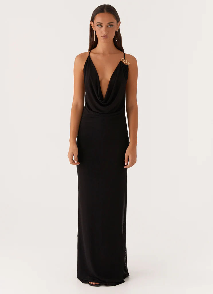Black Mesh Cowl Neck Gold Detail Backless Maxi Dress For Elegant Formal Party Events