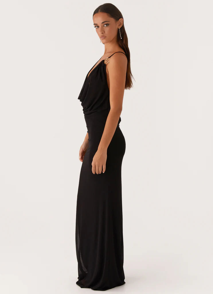 Black Mesh Cowl Neck Gold Detail Backless Maxi Dress For Elegant Formal Party Events
