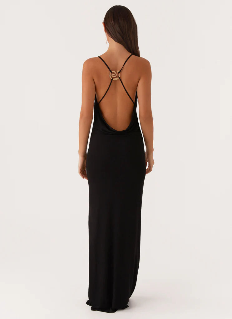 Black Mesh Cowl Neck Gold Detail Backless Maxi Dress For Elegant Formal Party Events