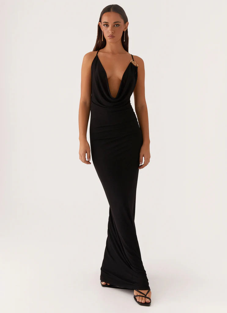 Black Mesh Cowl Neck Gold Detail Backless Maxi Dress For Elegant Formal Party Events