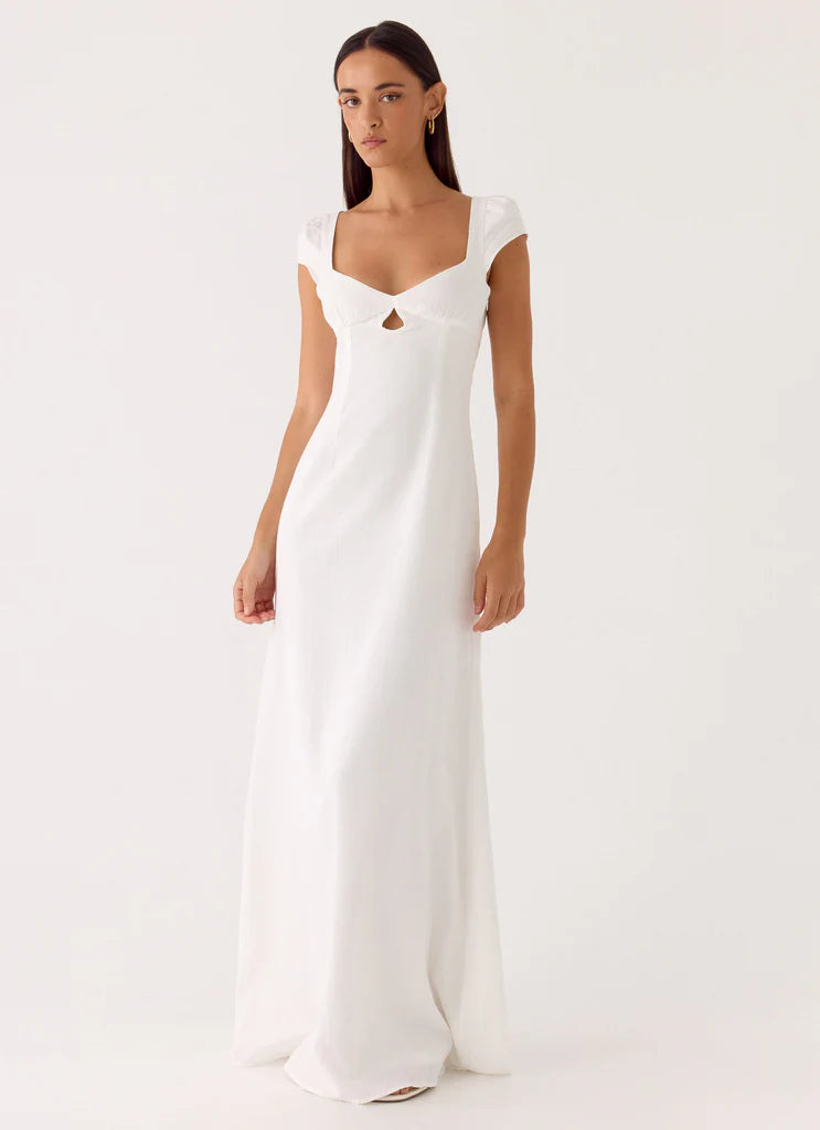 White Square Neck Keyhole Cutout Maxi Dress For Elegant Casual Party Events