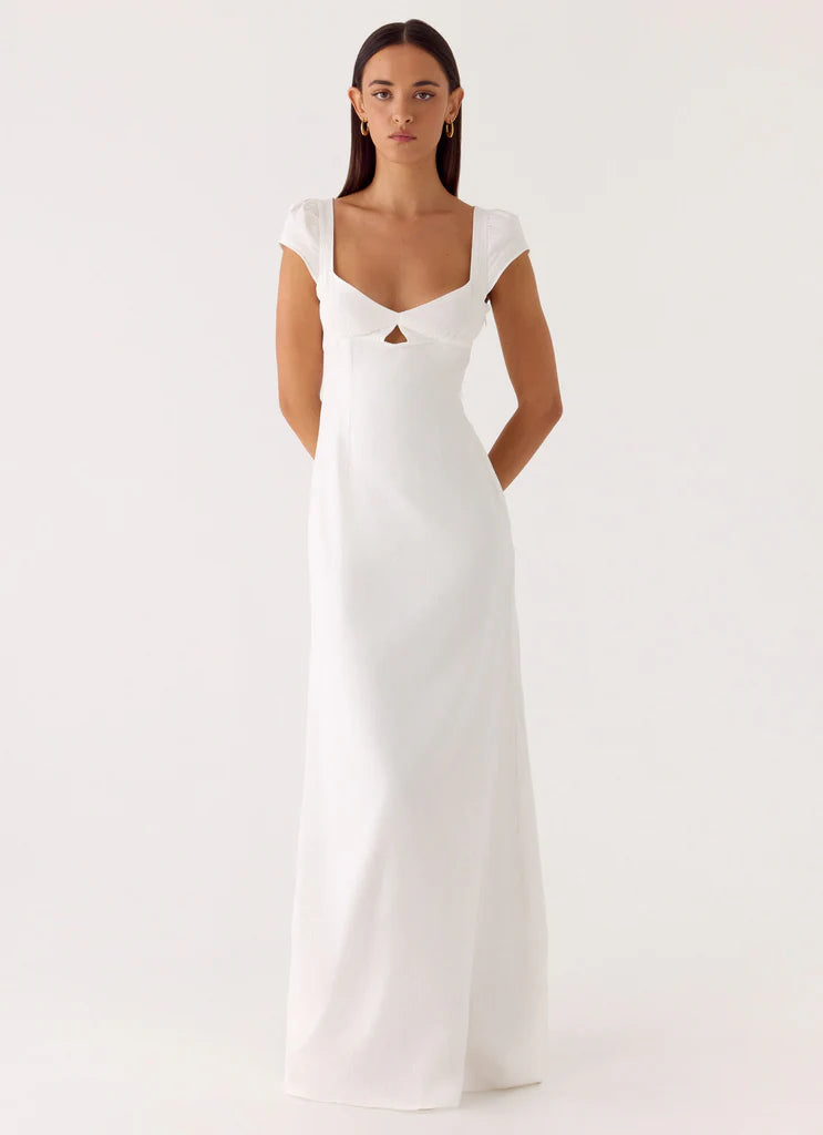 White Square Neck Keyhole Cutout Maxi Dress For Elegant Casual Party Events