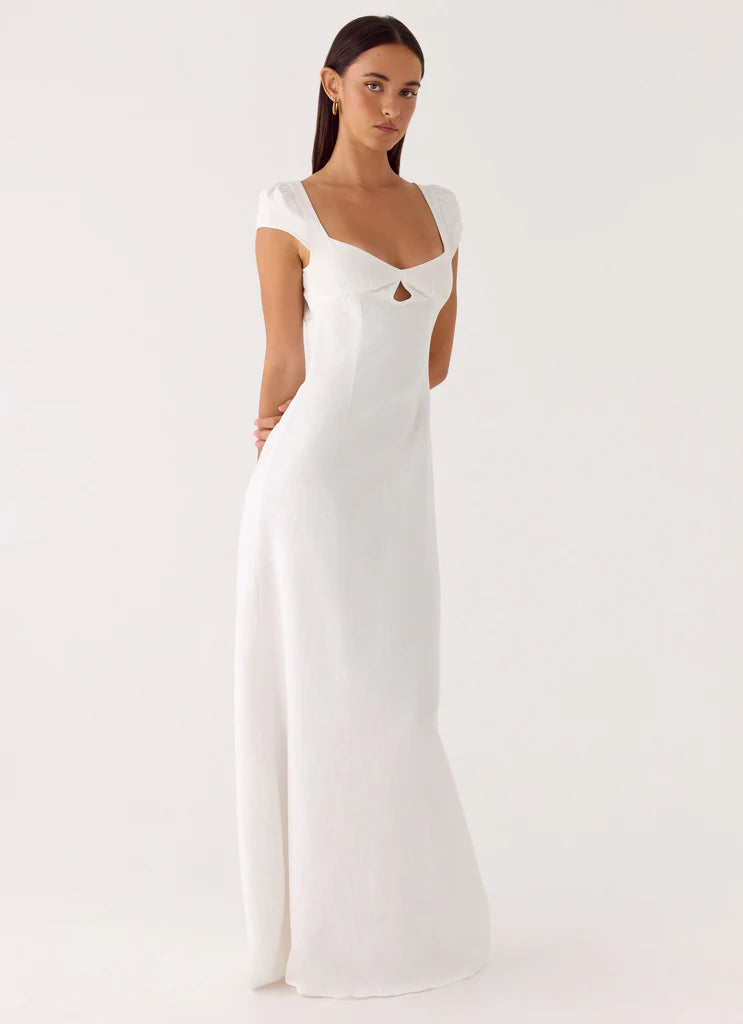 White Square Neck Keyhole Cutout Maxi Dress For Elegant Casual Party Events