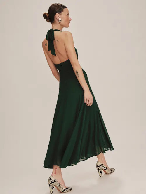 Emerald Green Halter Neck Open Back Chiffon Midi Prom Gown