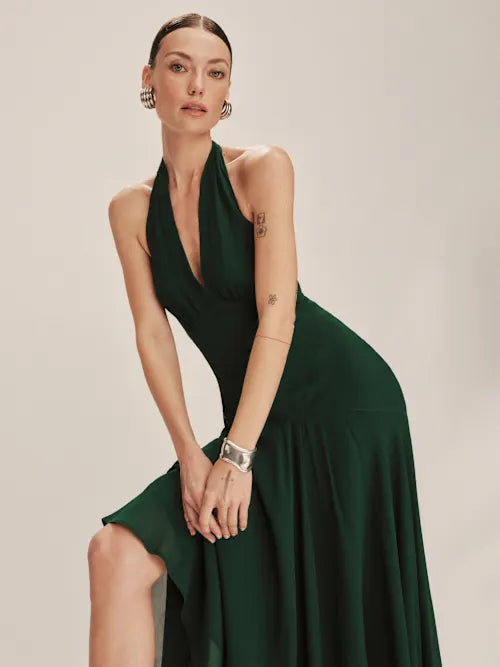 Emerald Green Halter Neck Open Back Chiffon Midi Prom Gown
