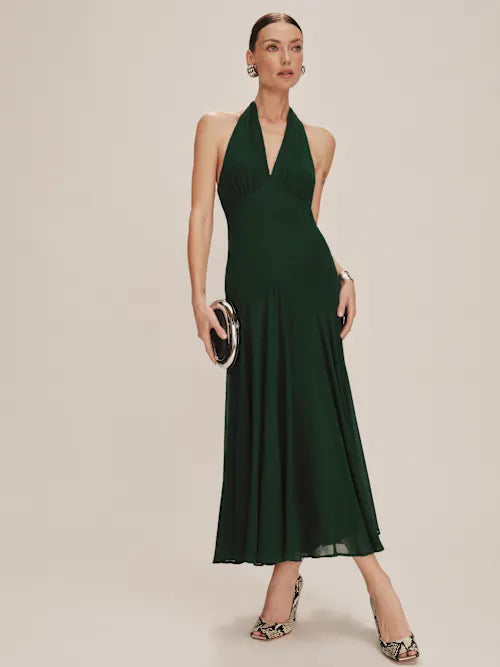 Emerald Green Halter Neck Open Back Chiffon Midi Prom Gown