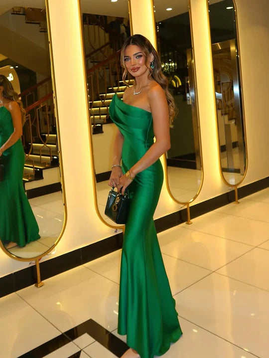 Emerald Green One-Shoulder Satin Mermaid Prom Dress with Train