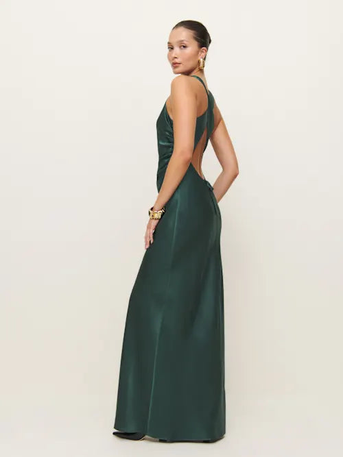 Emerald Green Satin Cowl Neck Crisscross Open Back Maxi Prom Dress