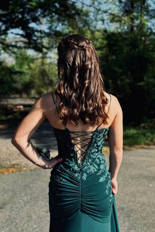 Emerald Green Spaghetti Strap Lace Mermaid Prom Dress with Lace-Up Back and High Slit