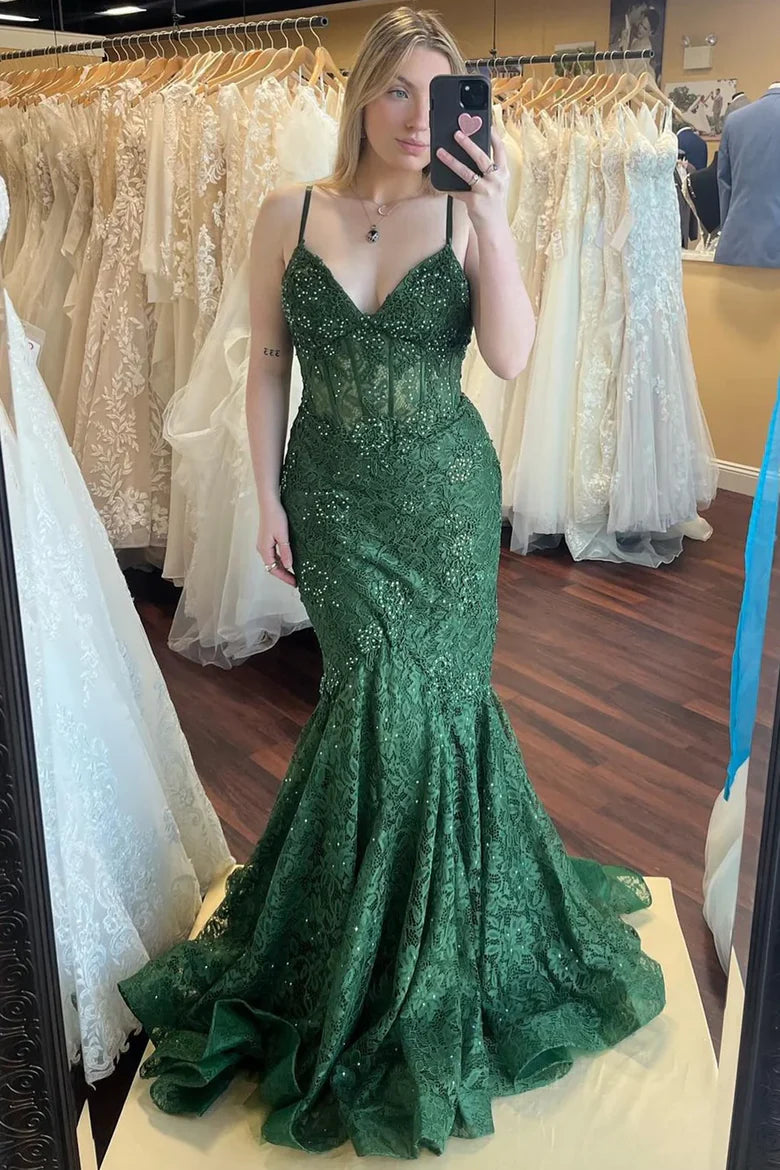 Emerald Green Spaghetti Strap Mermaid Prom Dress with Beaded Lace and Deep V-Back