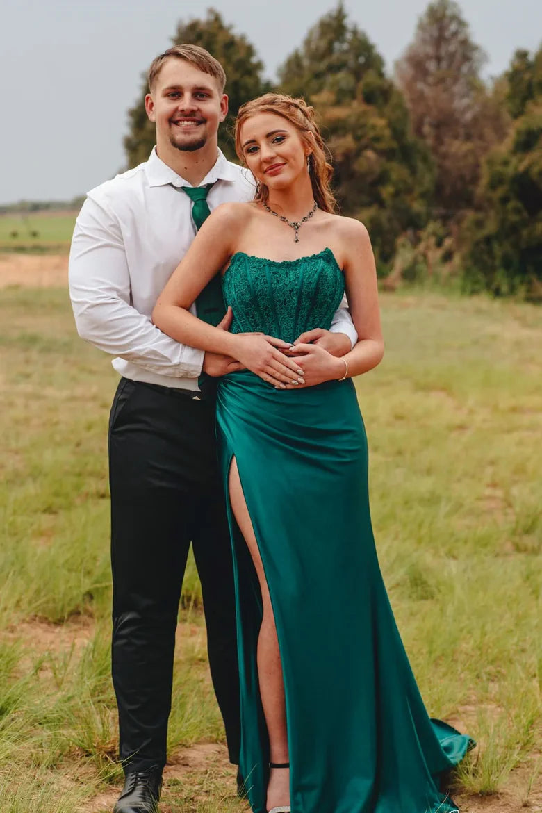 Emerald Green Strapless Lace Corset Mermaid Maxi Dress with Side Slit & Train