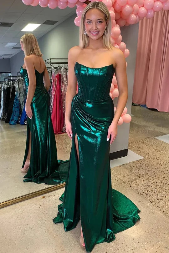 Emerald Green Strapless Metallic Satin Mermaid Prom Dress with High Slit and Train