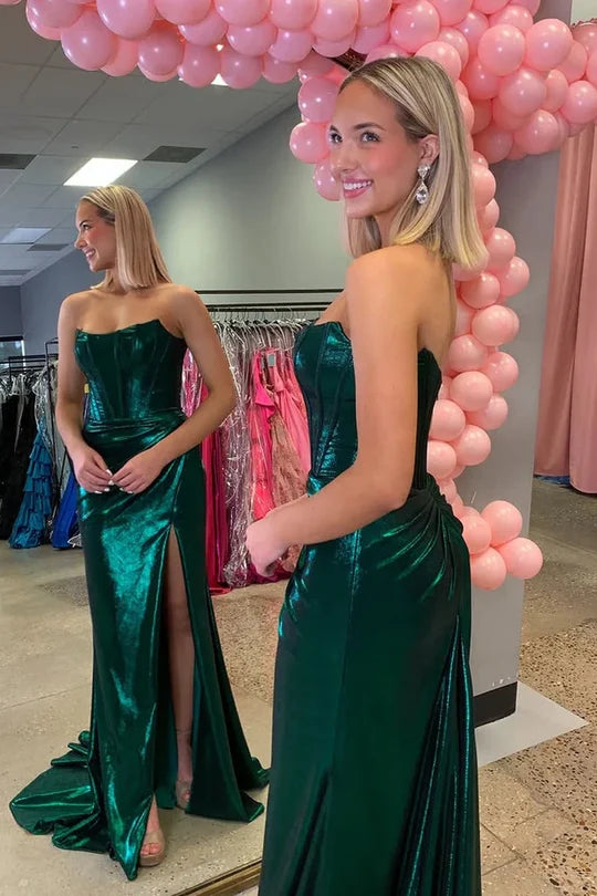 Emerald Green Strapless Metallic Satin Mermaid Prom Dress with High Slit and Train
