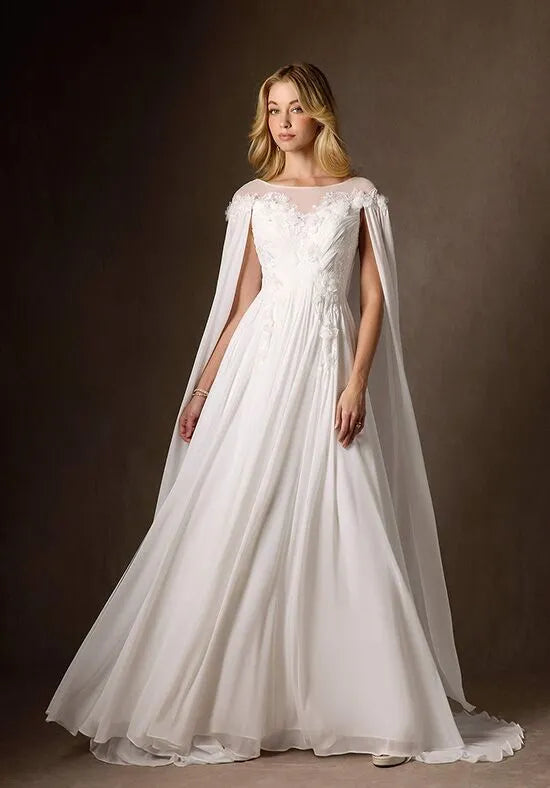 Enchanting A-Line Illusion Neck Cape Back Train Wedding Dresses
