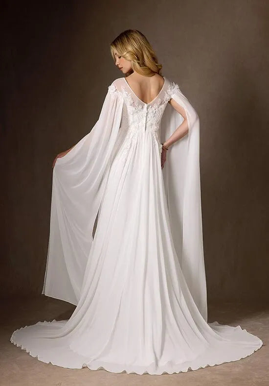 Enchanting A-Line Illusion Neck Cape Back Train Wedding Dresses