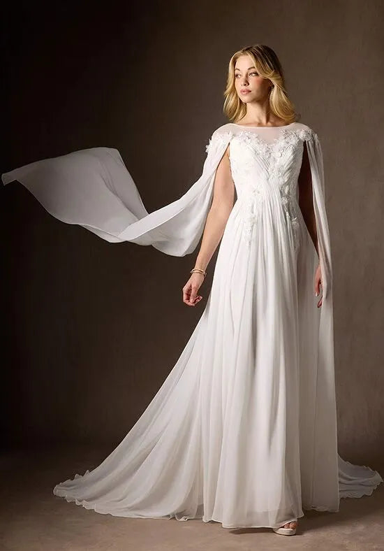 Enchanting A-Line Illusion Neck Cape Back Train Wedding Dresses
