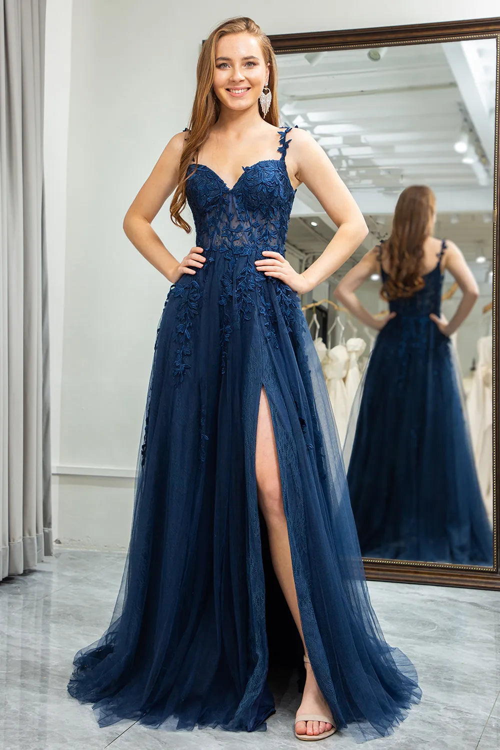 Enchanting A-Line V-Neck Spaghetti-Strap Lace-Back Floor-Length Prom Dress