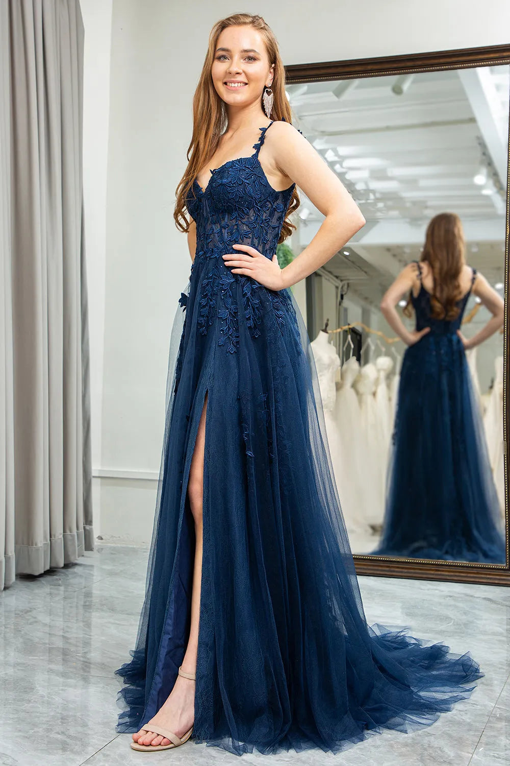 Enchanting A-Line V-Neck Spaghetti-Strap Lace-Back Floor-Length Prom Dress