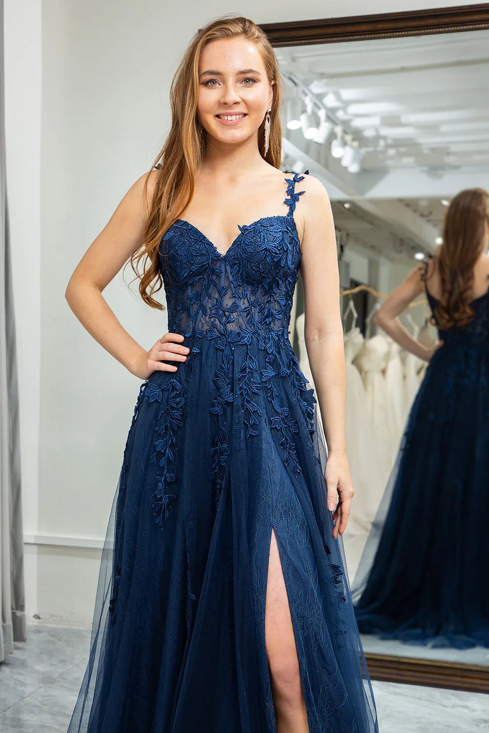 Enchanting A-Line V-Neck Spaghetti-Strap Lace-Back Floor-Length Prom Dress