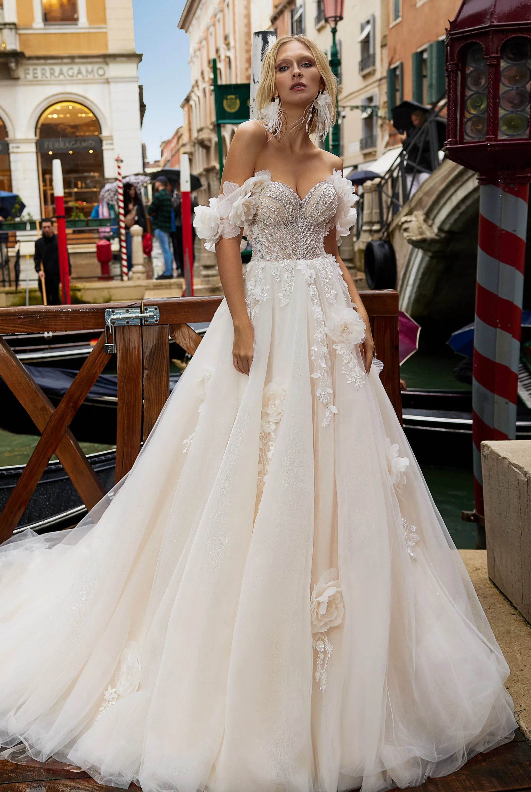 Enchanting Ball Gown Sweetheart Off-the-Shoulder Lace-Up Back Floor-Length Wedding Dresses