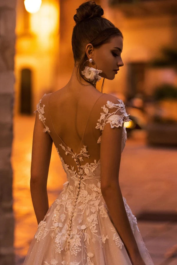 Enchanting Ballgown Sweetheart Cap Sleeve Lace Back Train Wedding Dresses