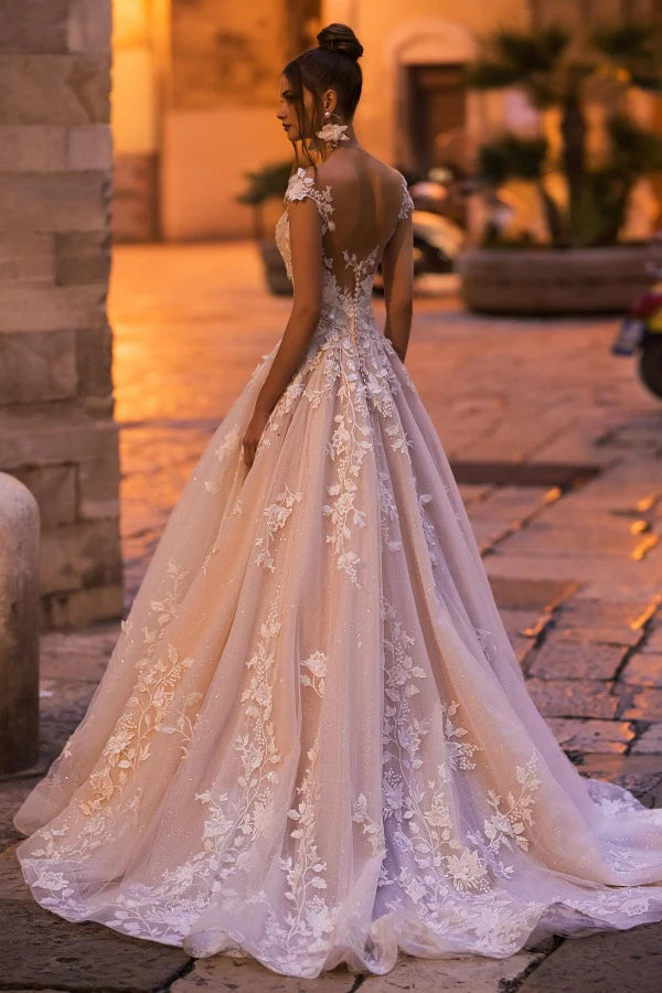 Enchanting Ballgown Sweetheart Cap Sleeve Lace Back Train Wedding Dresses