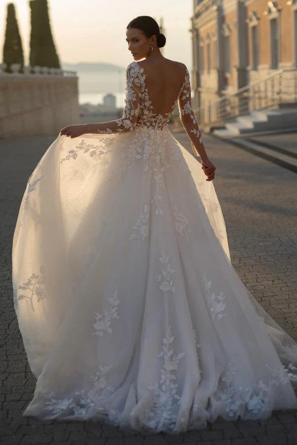 Enchanting Ballgown V-Neck Long Sleeve Lace Back Train Wedding Dresses