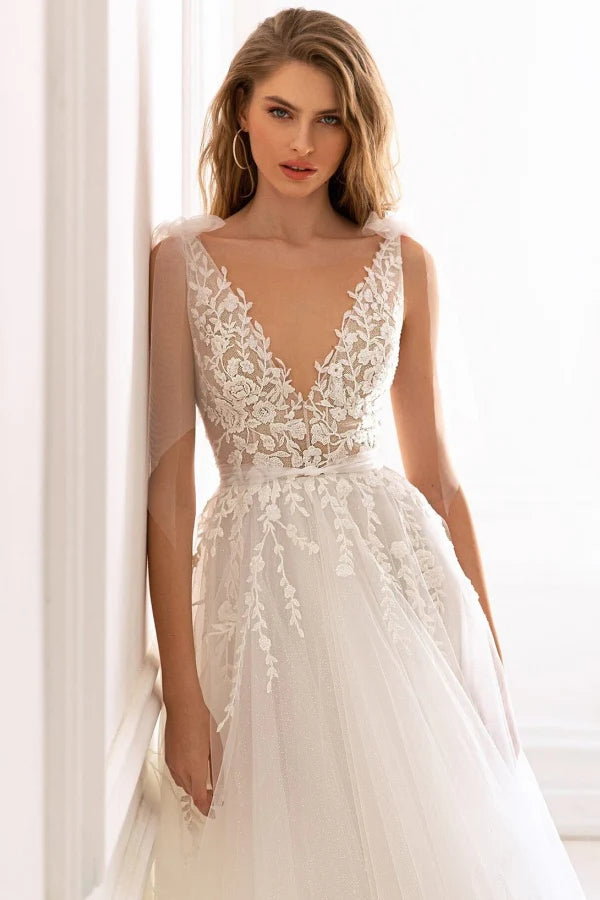 Enchanting Ballgown V-Neck Sheer Cape Lace Back Train Wedding Dresses