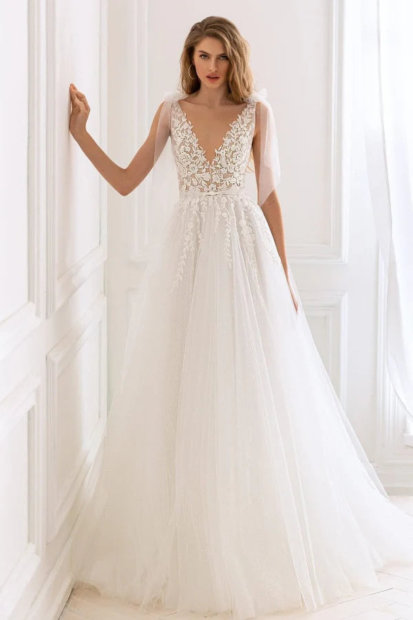 Enchanting Ballgown V-Neck Sheer Cape Lace Back Train Wedding Dresses