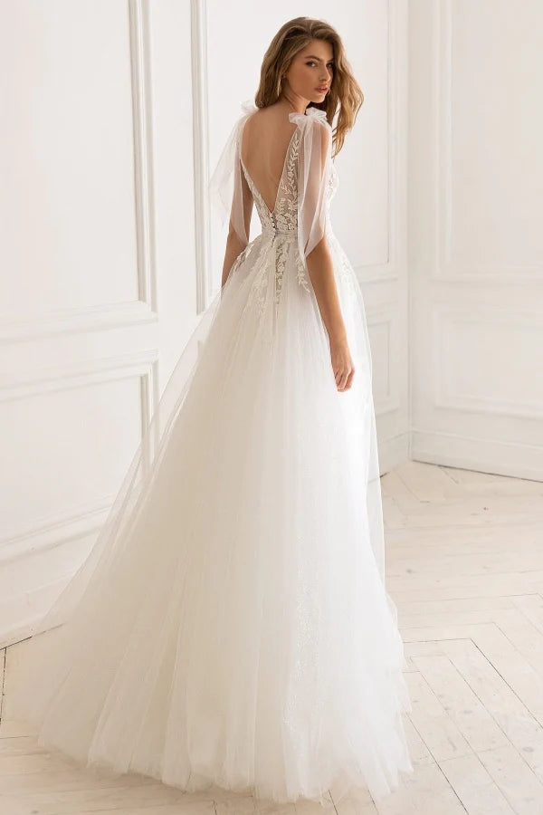 Enchanting Ballgown V-Neck Sheer Cape Lace Back Train Wedding Dresses
