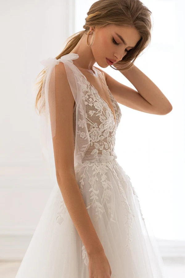 Enchanting Ballgown V-Neck Sheer Cape Lace Back Train Wedding Dresses