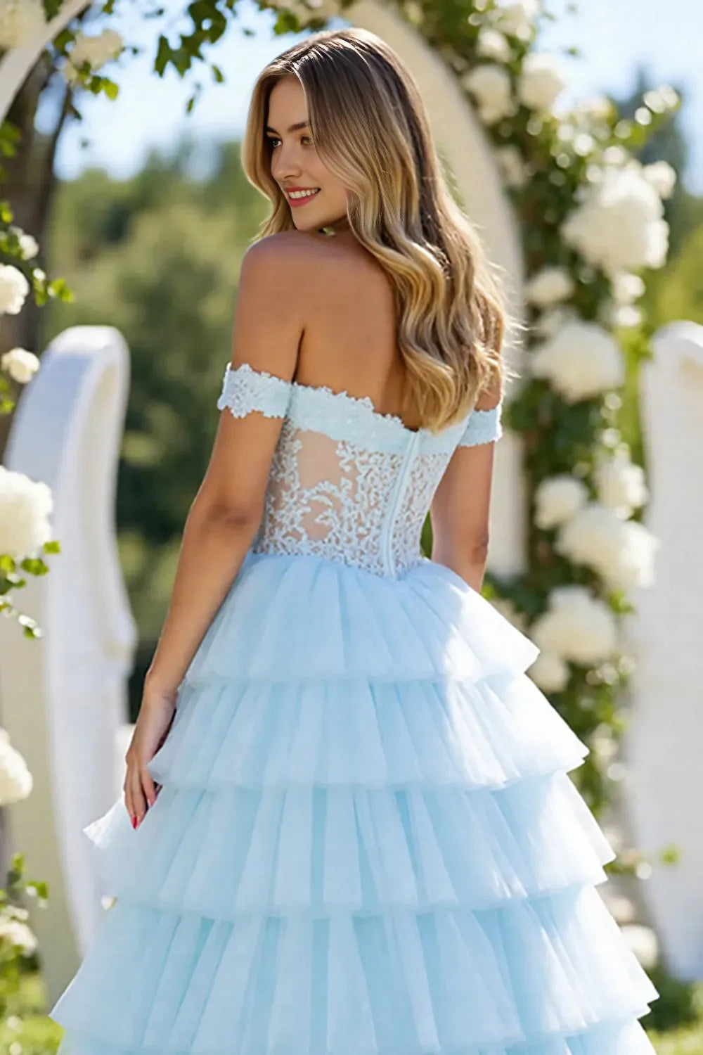 Enchanting Blue A-Line Off - Shoulder Sleeveless Tulle Tiered Back Zip Floor - Length Prom Dress with Slit