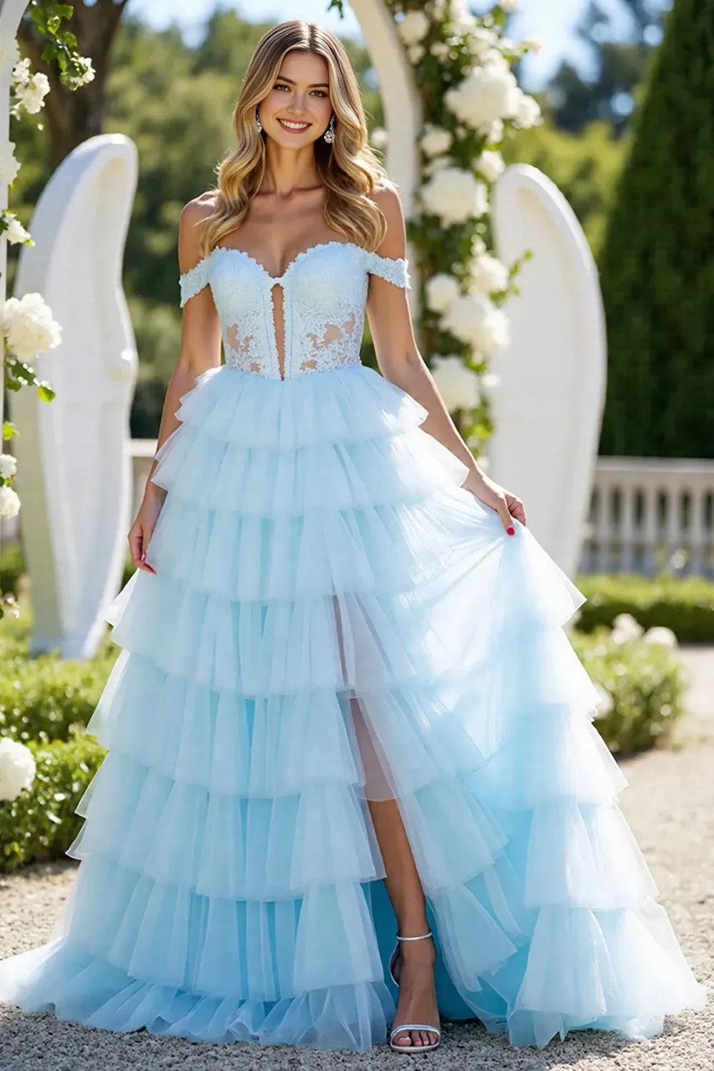 Enchanting Blue A-Line Off - Shoulder Sleeveless Tulle Tiered Back Zip Floor - Length Prom Dress with Slit