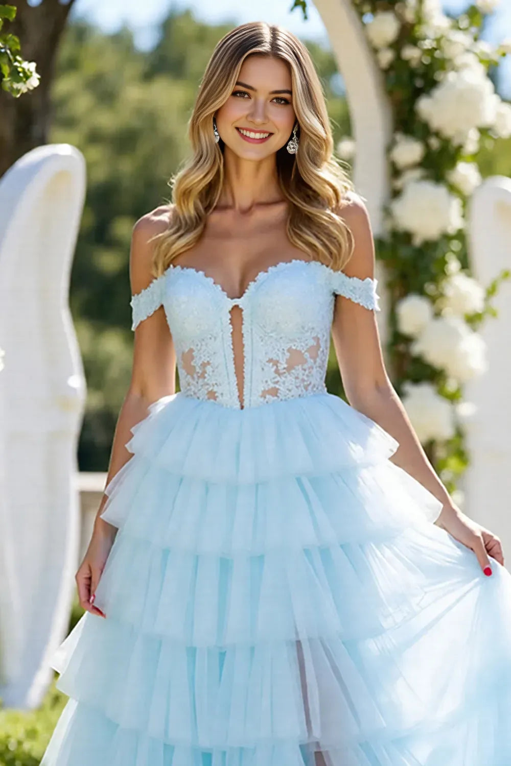 Enchanting Blue A-Line Off - Shoulder Sleeveless Tulle Tiered Back Zip Floor - Length Prom Dress with Slit