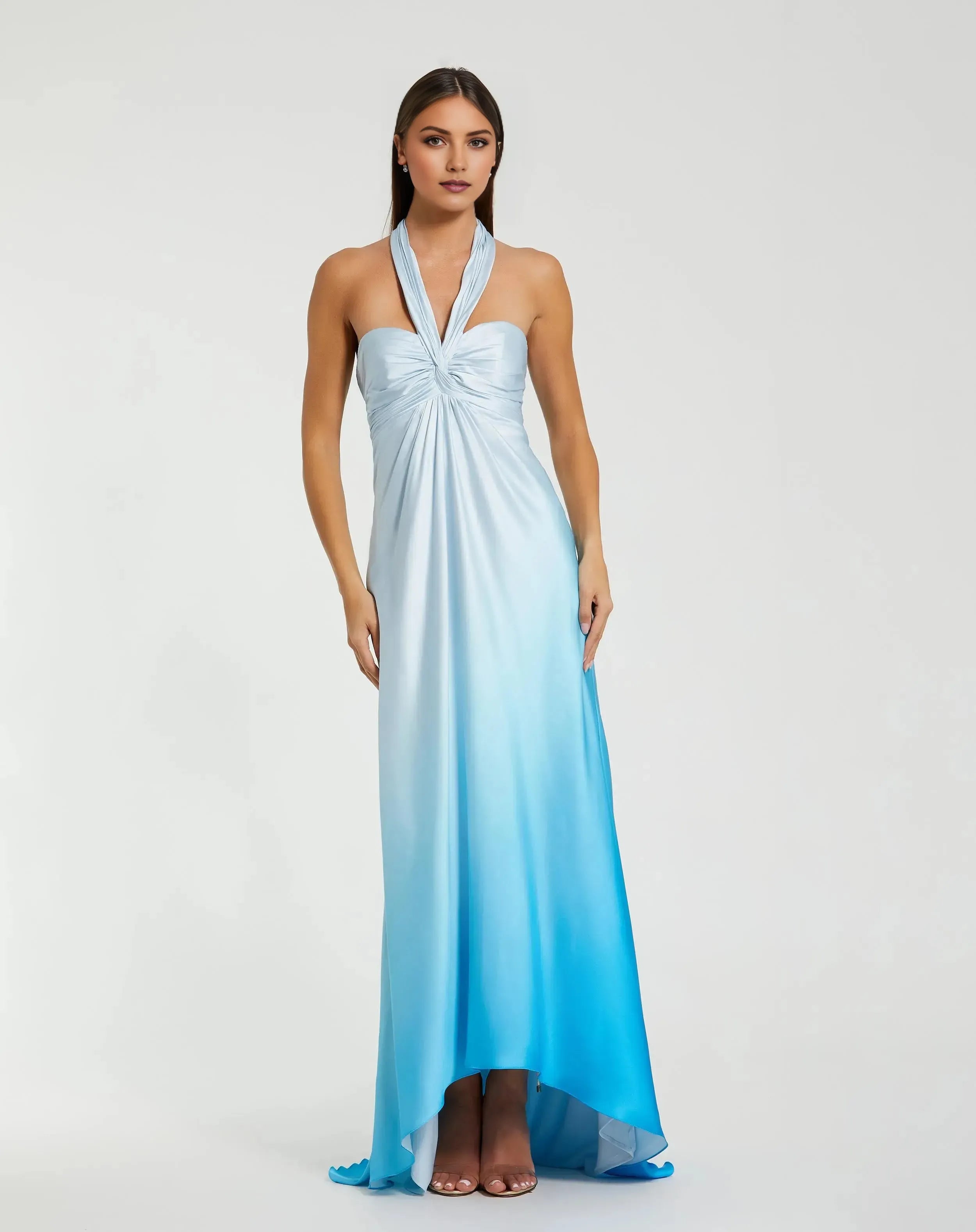 Enchanting Blue Sheath Tie Halter Neck Sleeveless Back Zip Floor-Length Satin Prom Dress