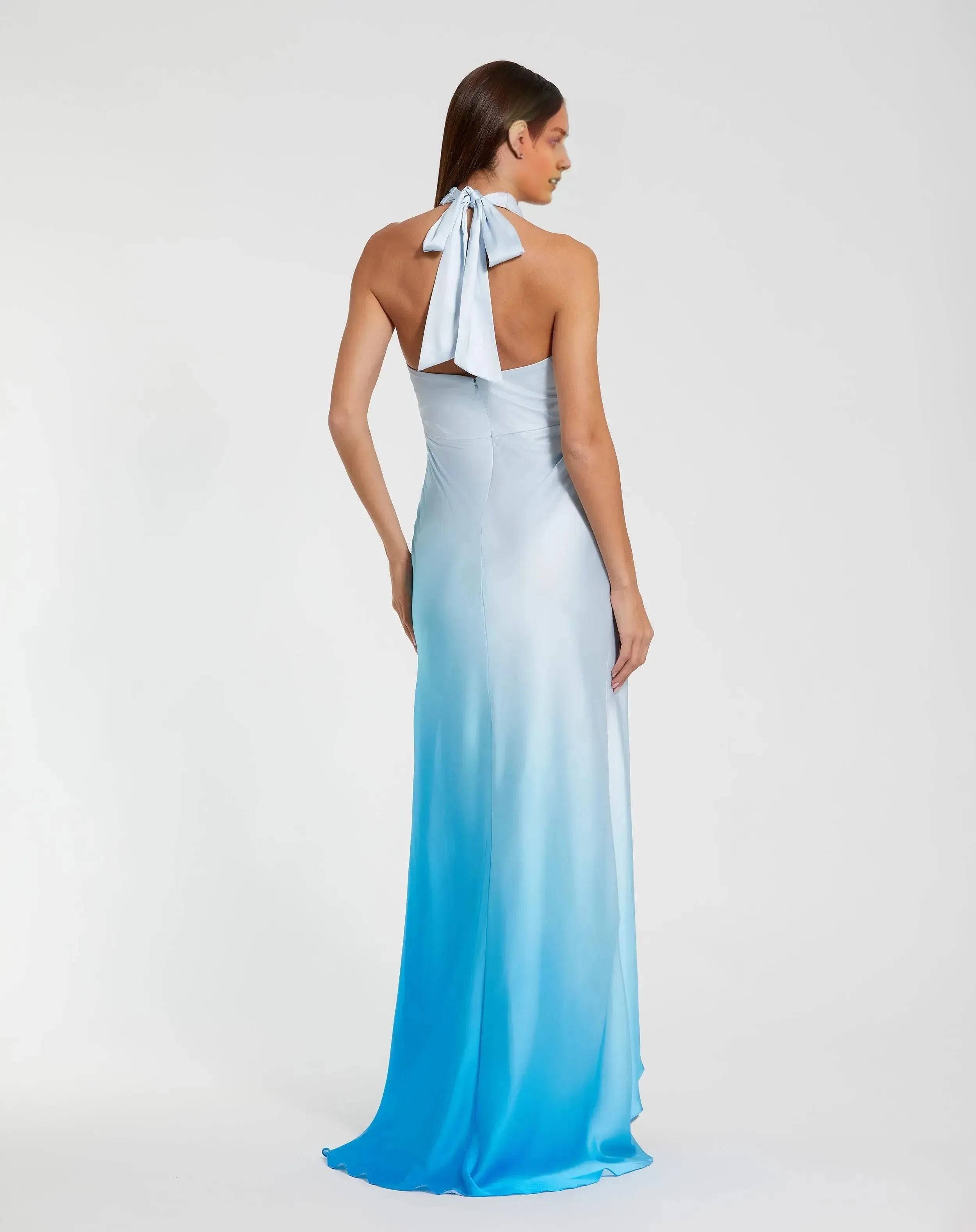 Enchanting Blue Sheath Tie Halter Neck Sleeveless Back Zip Floor-Length Satin Prom Dress