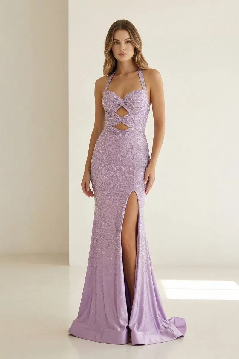 Enchanting Mermaid Halter-Neck Sleeveless Lace-Up-Back Floor-Length Prom Dress