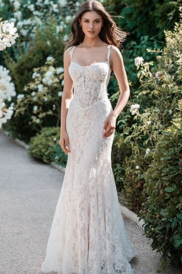 Enchanting Mermaid Sweetheart Spaghetti Strap Lace Up Back Train Wedding Dresses
