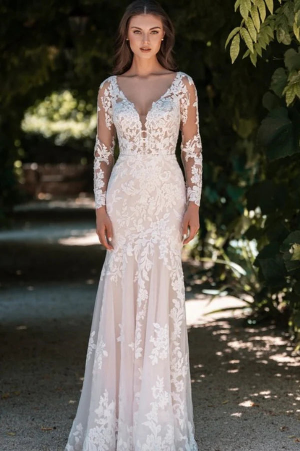 Enchanting Mermaid V-Neck Long Sleeve Lace Back Train Wedding Dresses