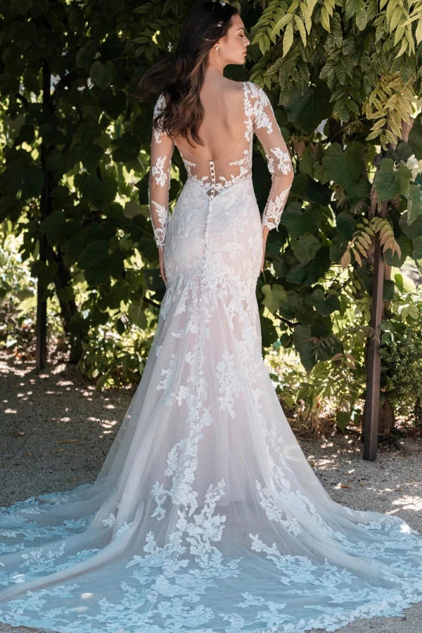 Enchanting Mermaid V-Neck Long Sleeve Lace Back Train Wedding Dresses