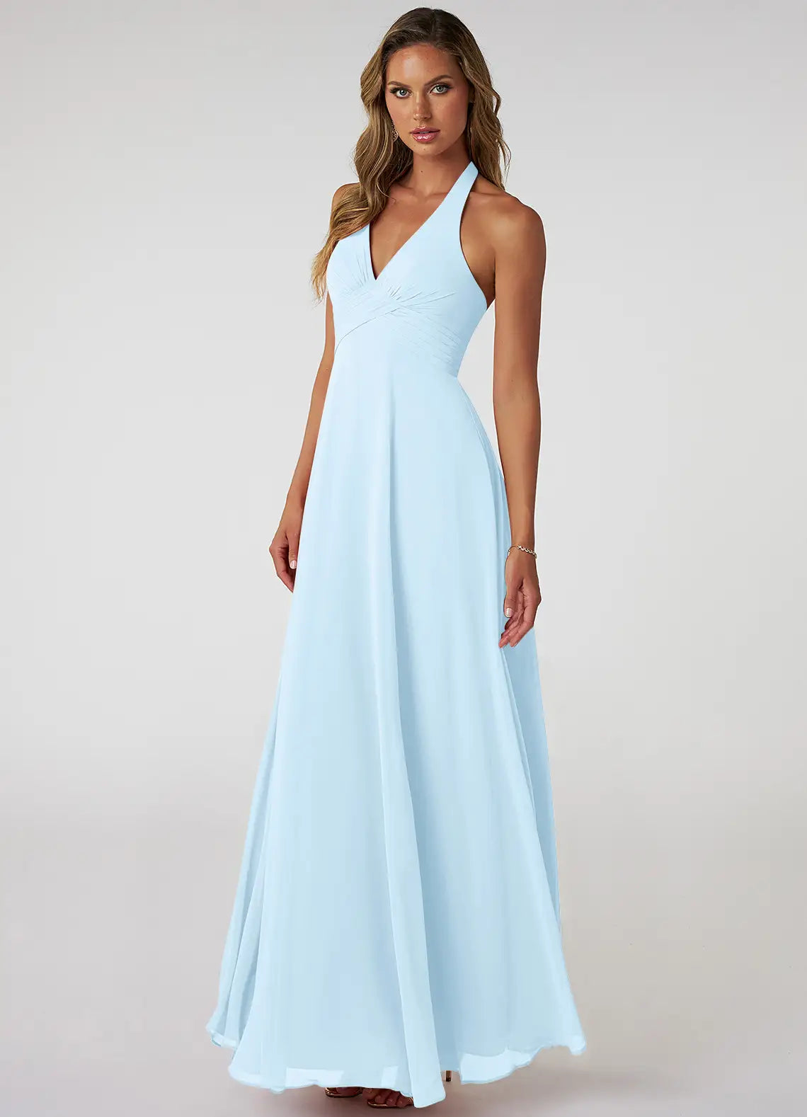 Ethereal A-Line Halter V-Neck Open-Back Floor-Length Bridesmaid Dresses