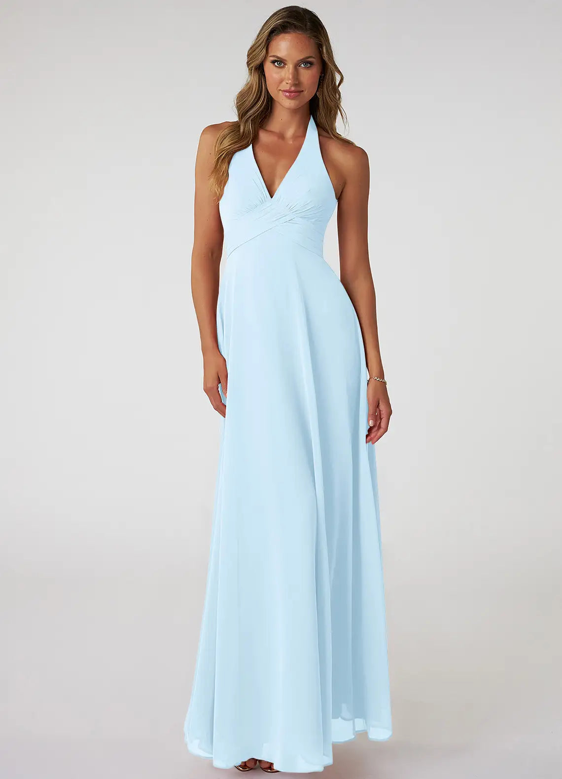 Ethereal A-Line Halter V-Neck Open-Back Floor-Length Bridesmaid Dresses