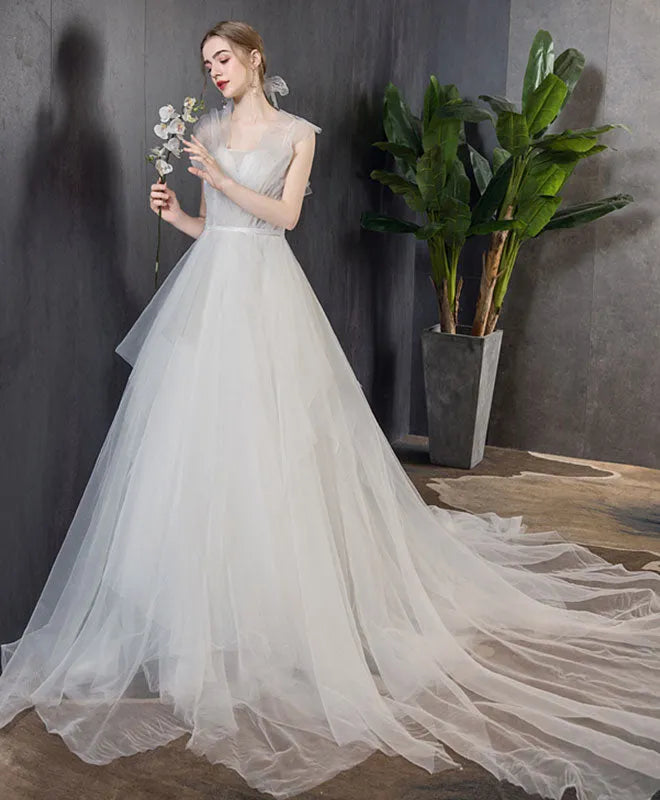 Charming A-Line Illusion Neck Flutter Sleeve Tulle Lace-Up Sweep/Brush Train Long Wedding Dress